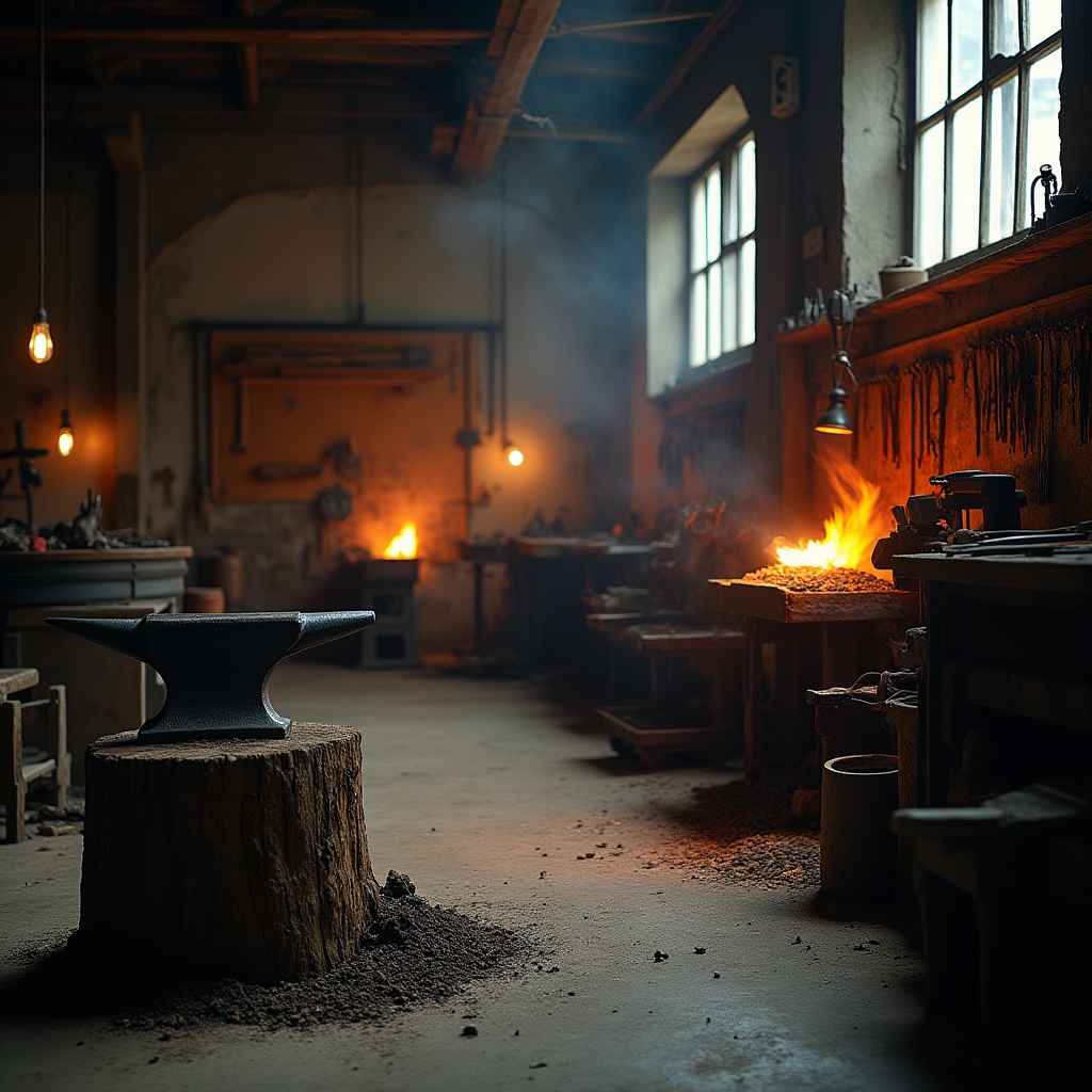 Интерьер кузнечной мастерской с оборудованием