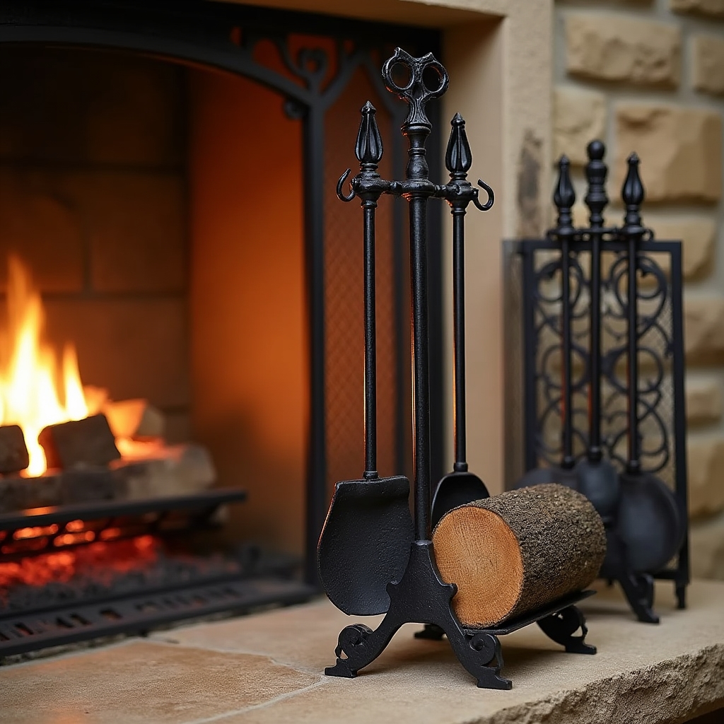 Кованые каминные аксессуары: подставки и инструменты